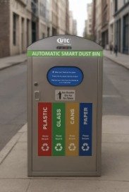 Automatic smart dustbin with plastic, glass, cans and paper segregation on a city street