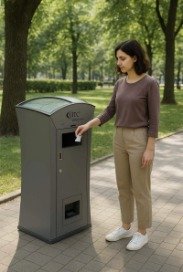Person using the solar trash compactor on a park path