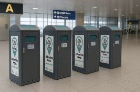 Row of solar compactors inside an airport terminal