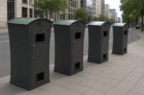 Solar compactors installed along a city footpath