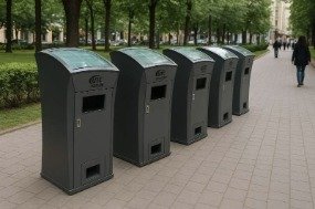 Row of solar compactors along a tree-lined walkway