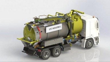 3D engineering render of the UTC chassis-mounted vacuum tanker