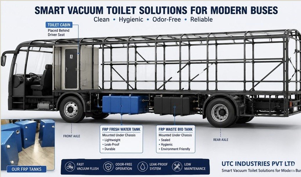Bus cut-away showing toilet cabin behind the driver seat and FRP fresh-water and waste bio tanks mounted under the chassis