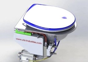 Vacuum toilet — closed lid, three-quarter view